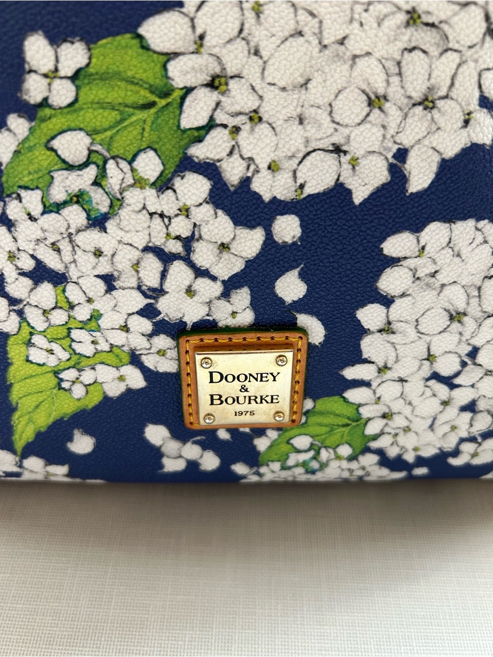 Dooney & Bourke Navy White Hydrangea Floral Satchel with Tan Trim - Picture 5 of 11